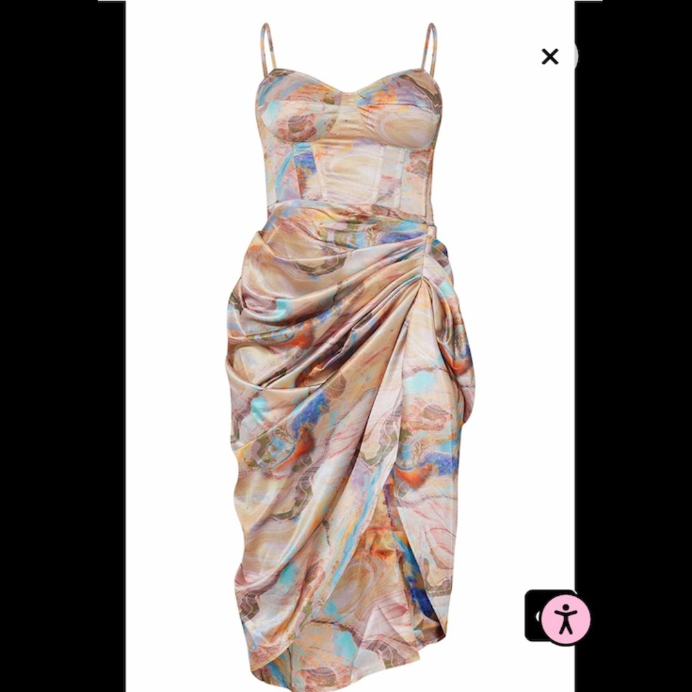 Multi Marble Print Satin Ruched Skirt Corset Detail Midi Dress